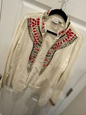 Chico’s Size 3 Embellished Ivory Jacket Red Silver Studded Statement Blazer